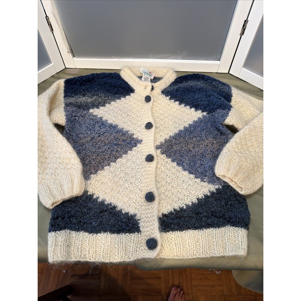 VTG Marlena Cardigan Sweater M Made in Italy Wool Mohair Blend Blue Argyle Fuzzy